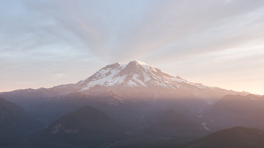 Pastel colors in morning over Mt Rainier peak